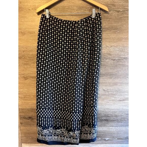 Vintage Chaus Midi Wrap Skirt sz 10 MediumBlack Floral Elastic Waist Excellent - Picture 1 of 7